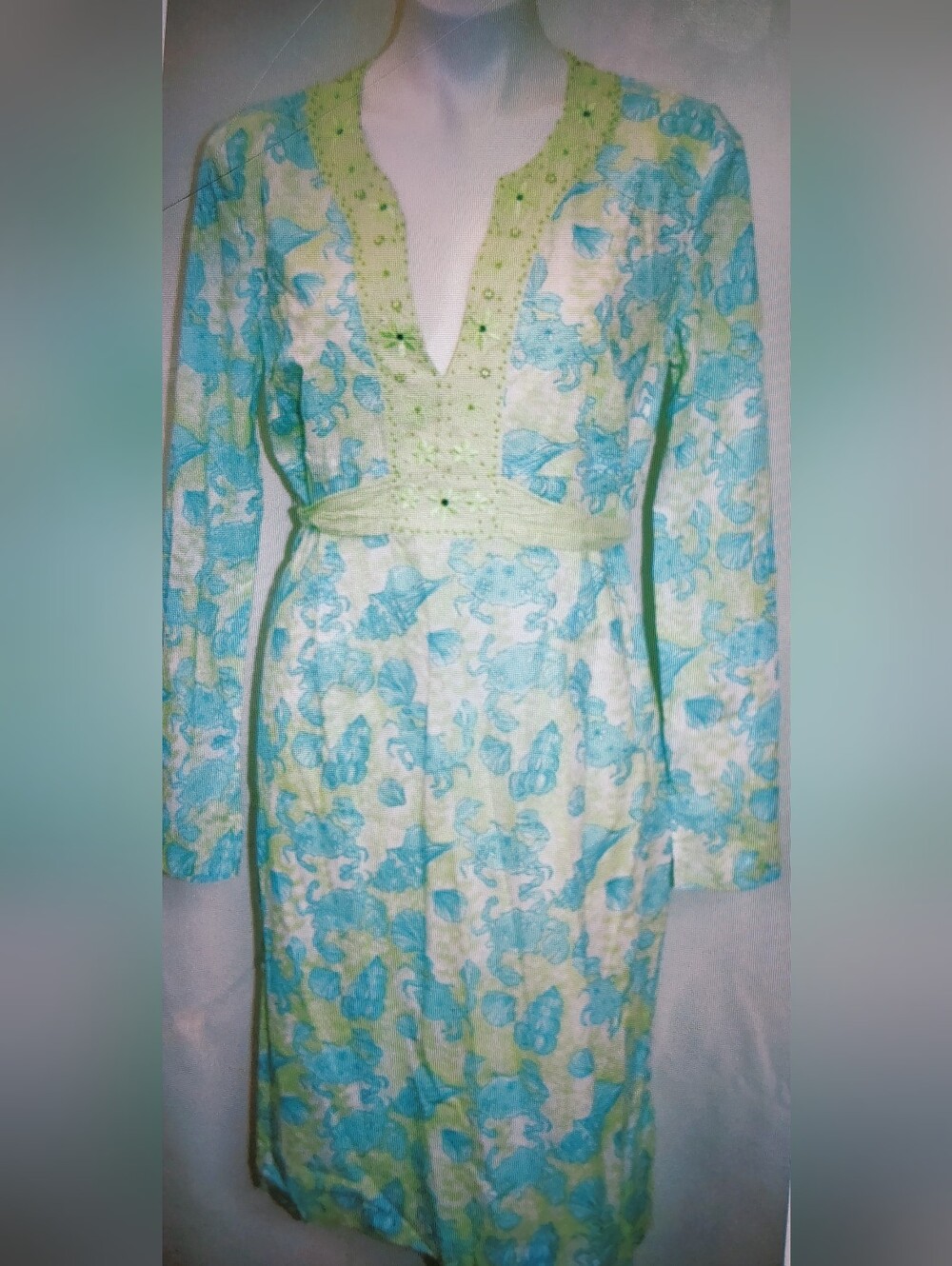 VTG Lilly Pulitzer Crisp Blue-Green Seashell LS Dress Masey 'Chillin Crab' Sz L
